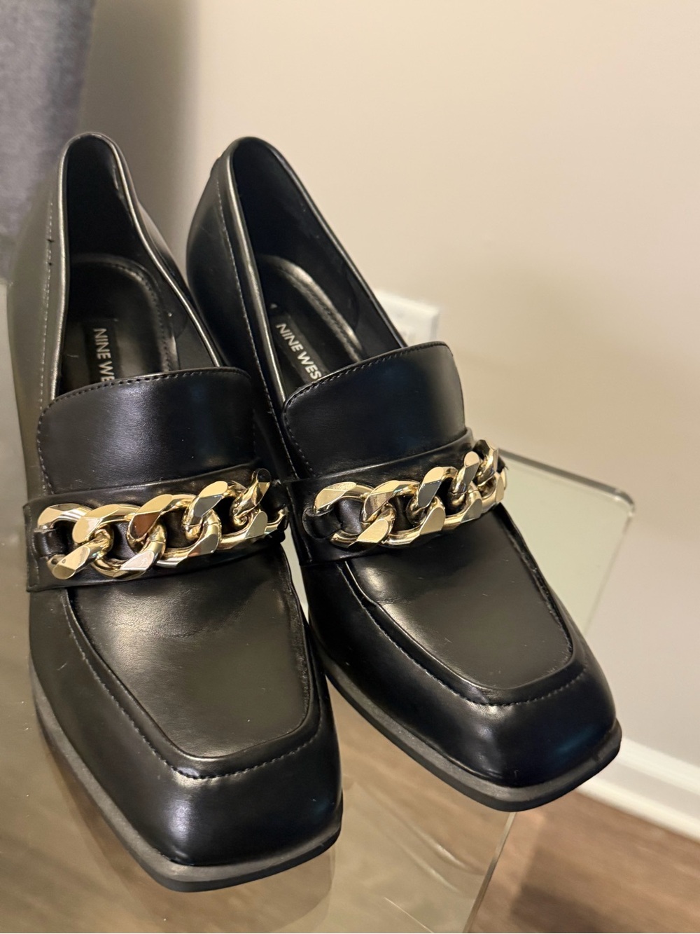 Nine West Black Leather Loafers with Gold Chain Detail